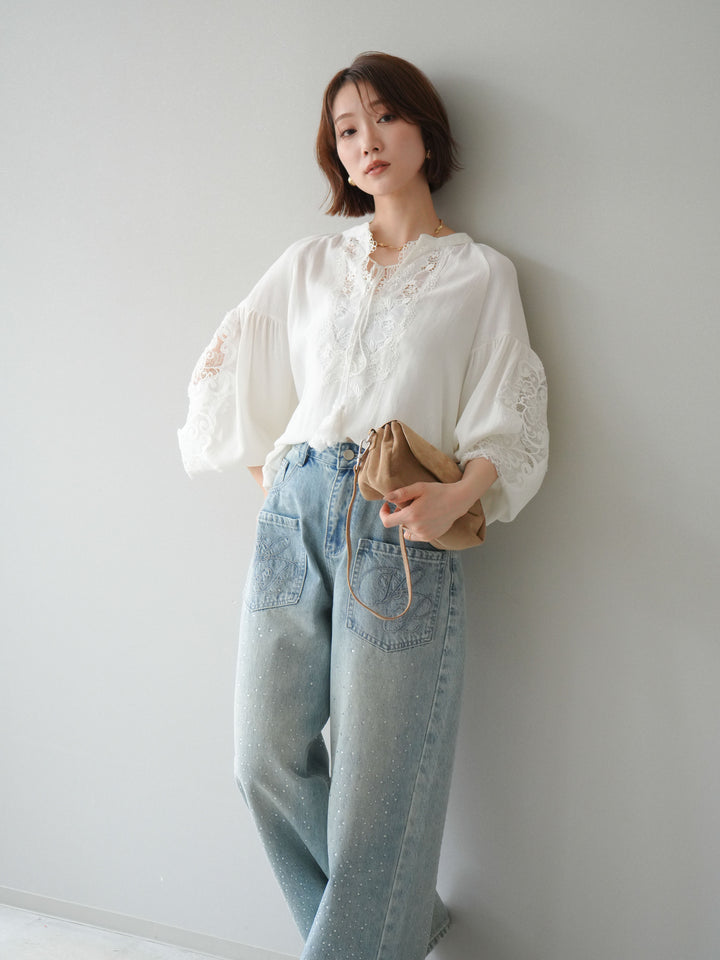 [予約]レーススリーブスキッパーブラウス/white