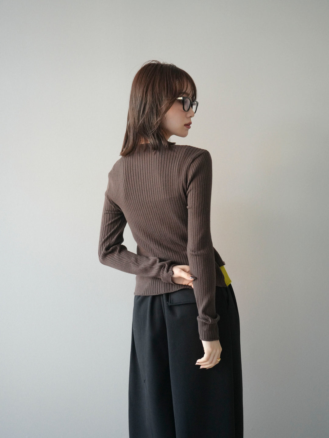 [予約]配色レイヤードリブニットカーディガン/brown