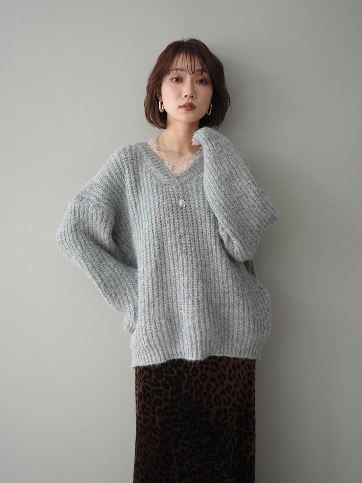 [SET]Vネックレースニットプルオーバー+レオパードベロアナロースカート(2set)