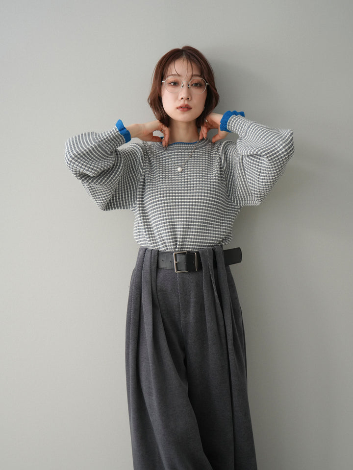 [予約]ラメ異素材ボーダーリブニットプルオーバー/charcoal×blue