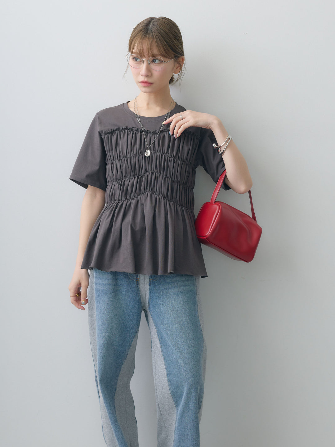 [SET]クールタッチシャーリングTEE+デニム切替スウェットパンツ(2set)
