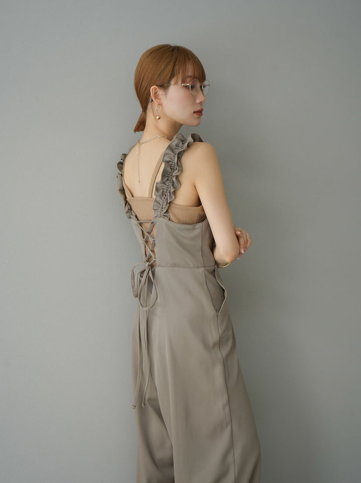 [預訂] 繫帶荷葉邊連身衣/灰褐色