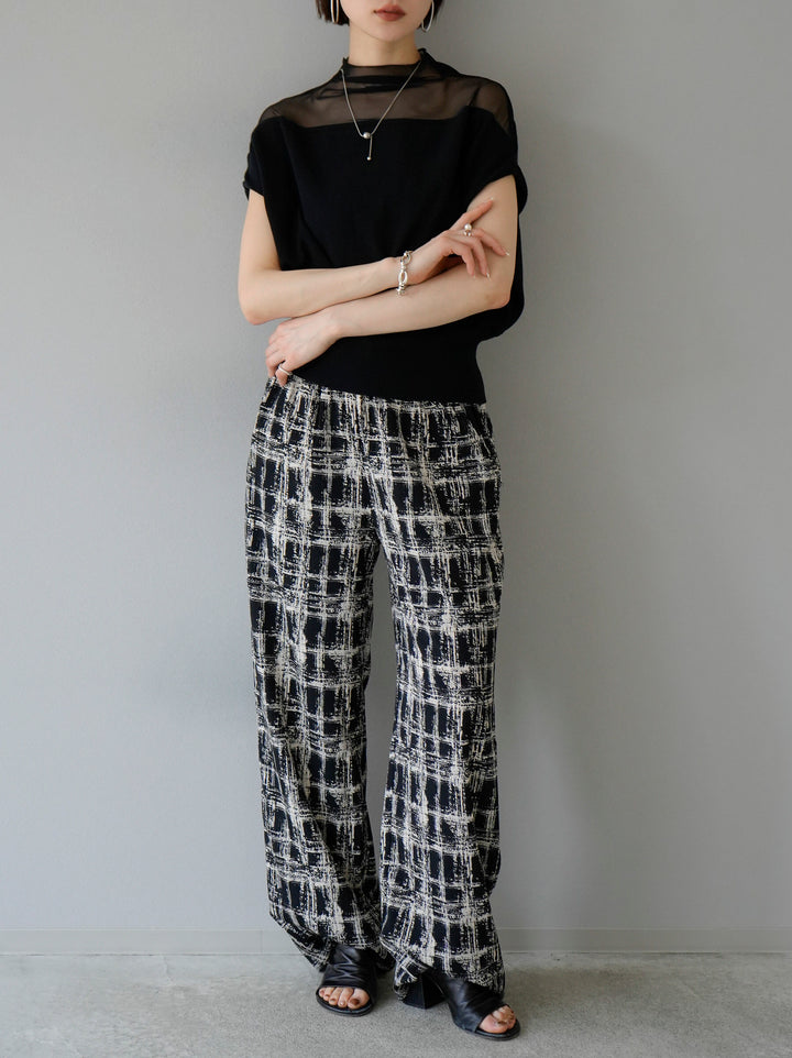 [SET] French sleeve sheer knit pullover + painted check pattern wide pants (2 sets)
