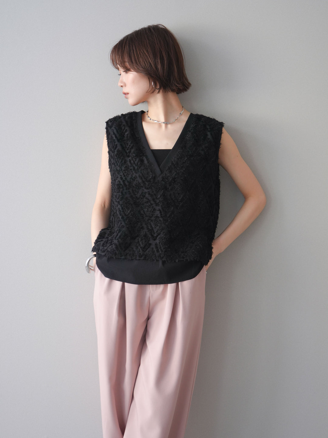 [SET]フリンジレイヤードVネックノースリーブ+フリンジレイヤードVネックノースリーブ(2set)