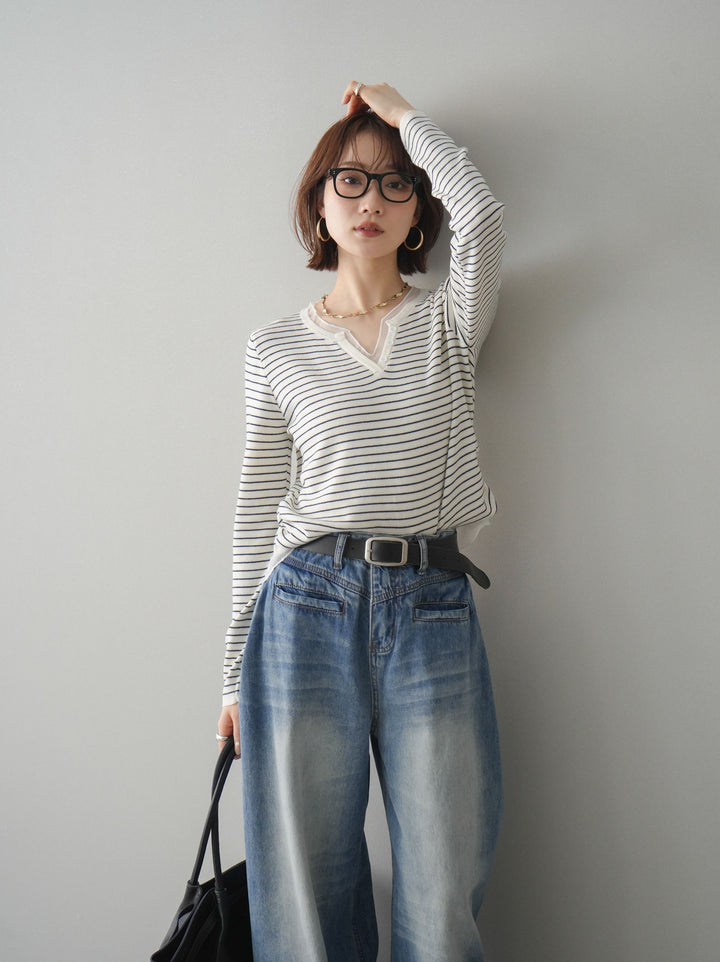 [SET]チュールレイヤードデザインボーダーニットトップス+選べるアクセセット(2set)