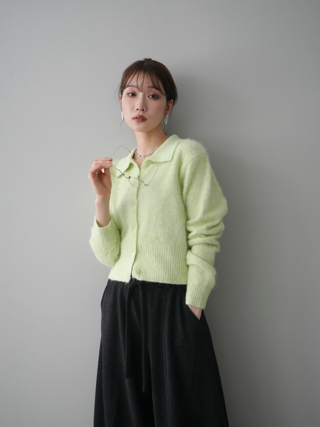 [予約]モヘア衿付きボタンプルオーバー/lime