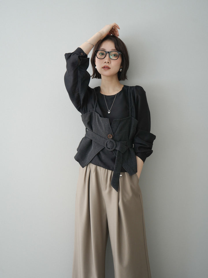 [SET]異素材ビスチェドッキングブラウス+ベルト付キーホルダーモチーフワイドパンツ(2set)
