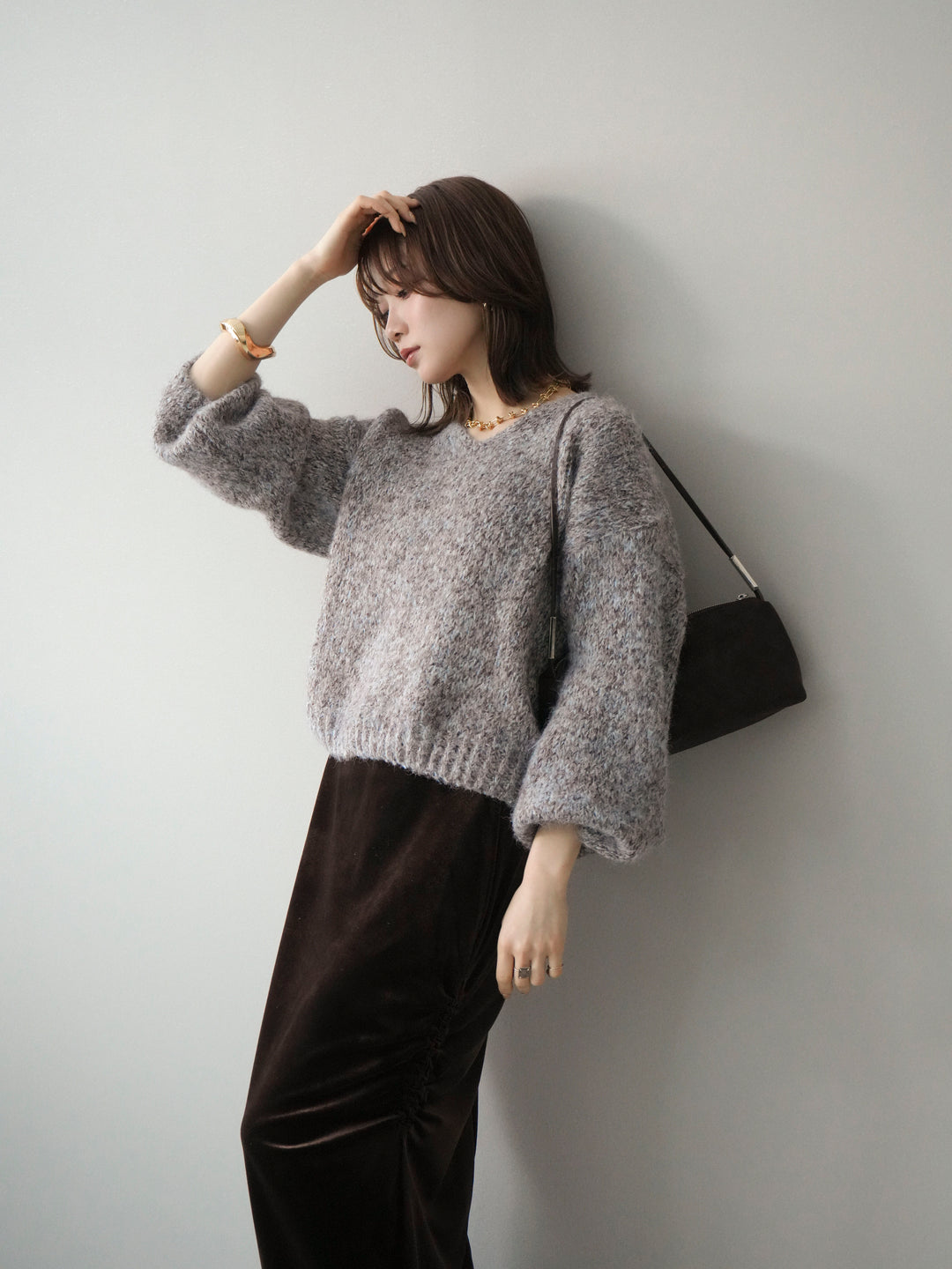 [SET]Vネックミックスヤーンニットプルオーバー+選べるアクセセット(2set)