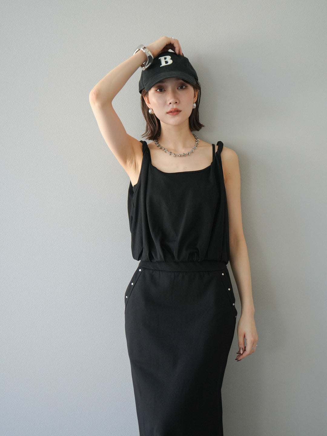 [SET]ミニ裏毛ツイストキャミバルーントップス＆Iラインスカート(2set)