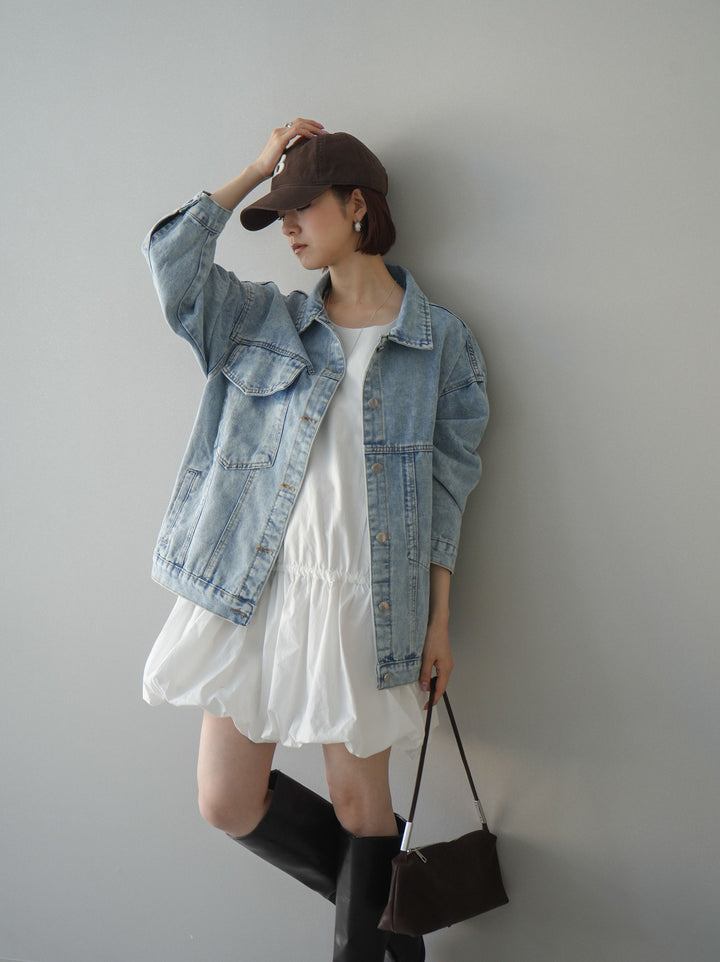 [SET]ノースリバルーンミニワンピース+デザインBIGポケットオーバーデニムジャケット(2set)