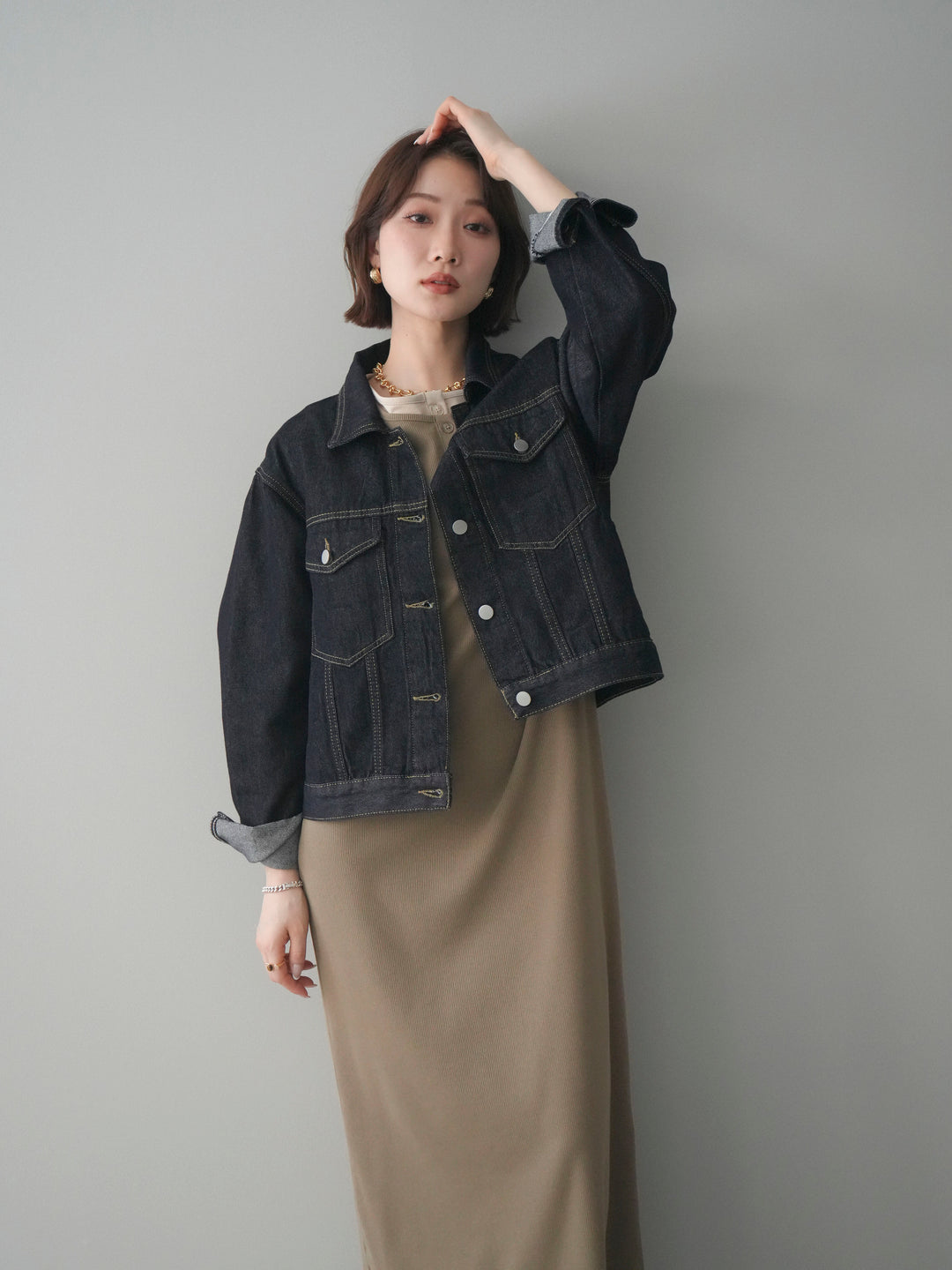 [SET]配色レイヤードヘンリーネックカットリブワンピース+配色ステッチデニムジャケット(2set)