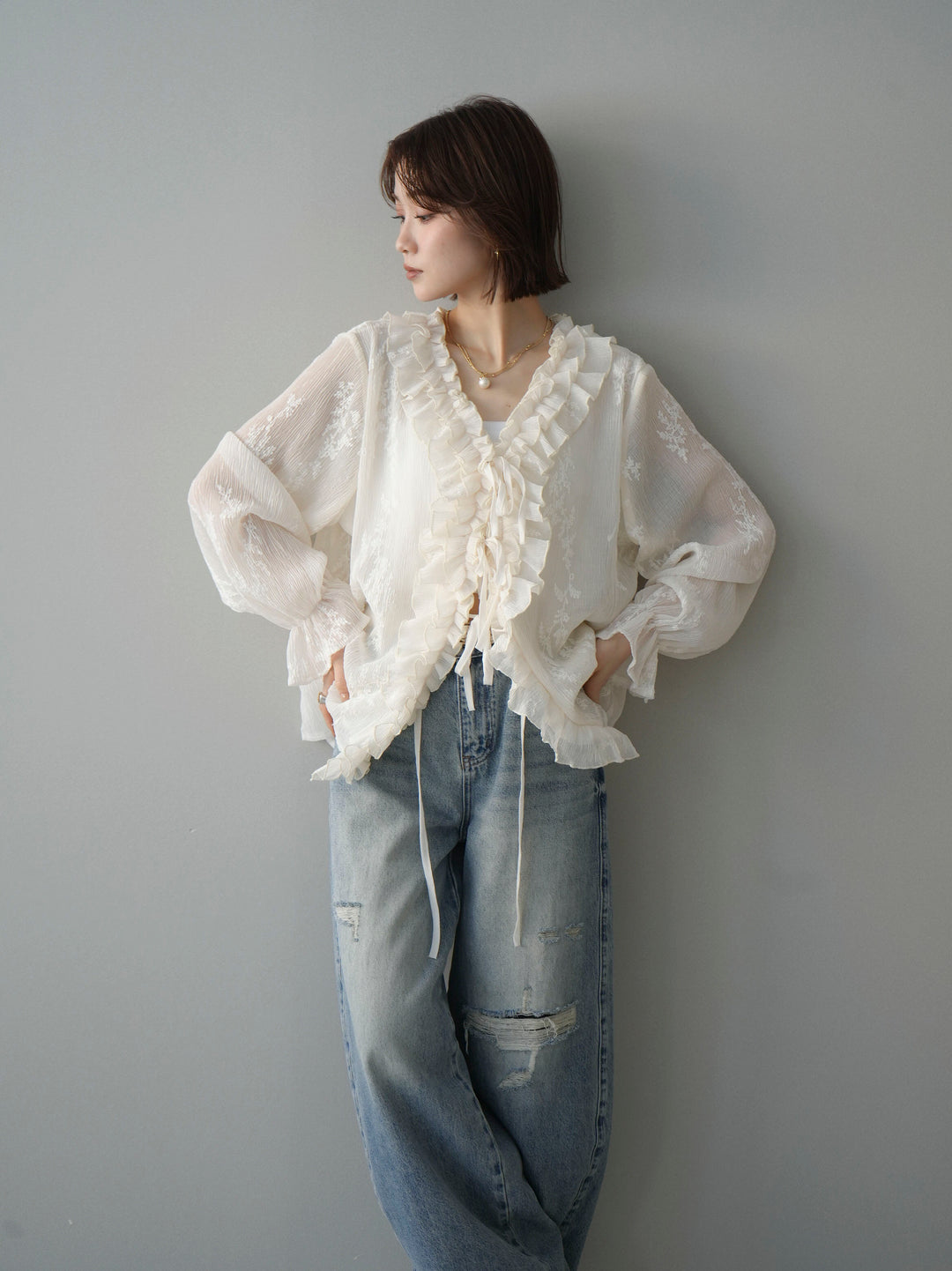 [予約]楊柳ラッフルフリルカーディガン/ivory