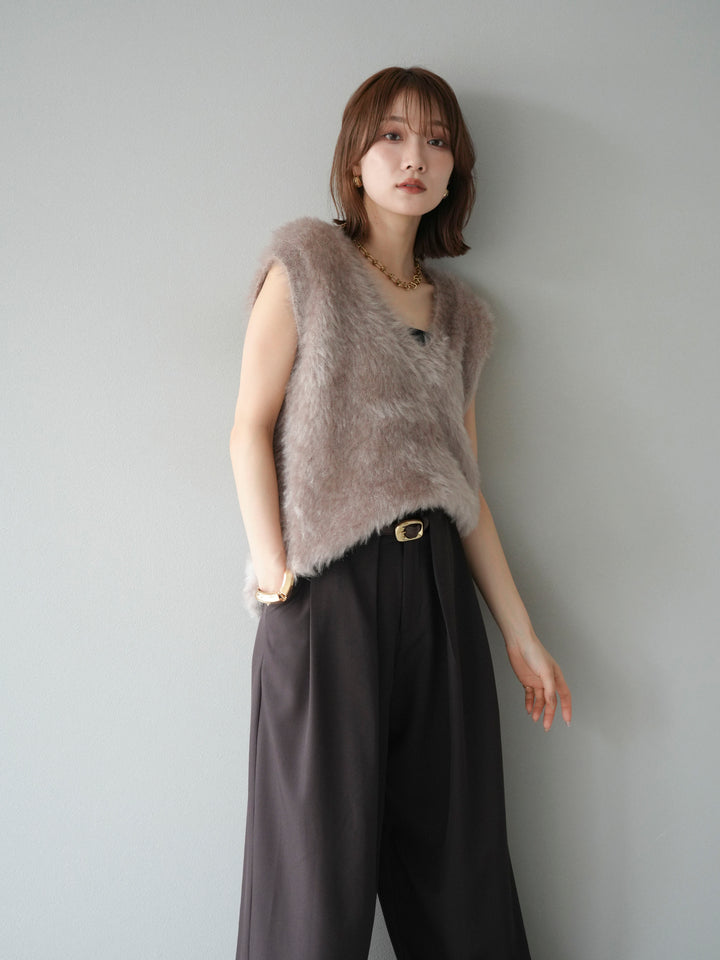 [SET]ラメシャギーVネックニットベスト+ベルトループデザインワイドパンツ(2set)