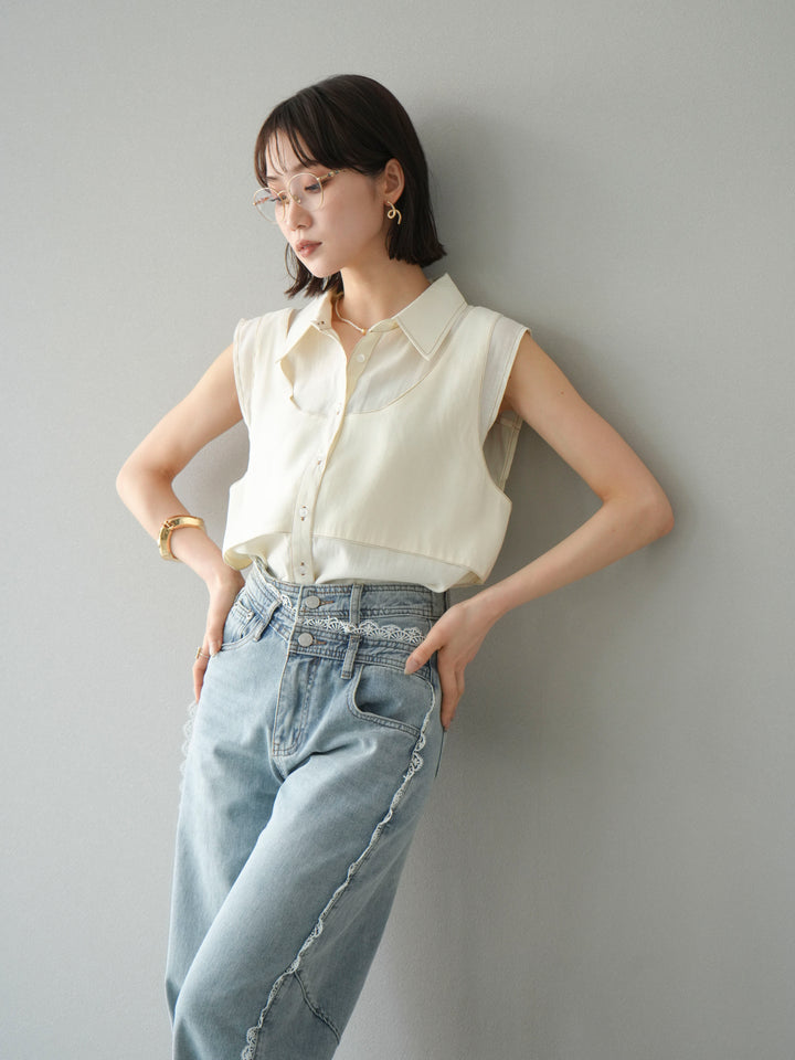 [SET]ステッチシアーレイヤードデザインブラウス+ラインレースデニムパンツ(2set)