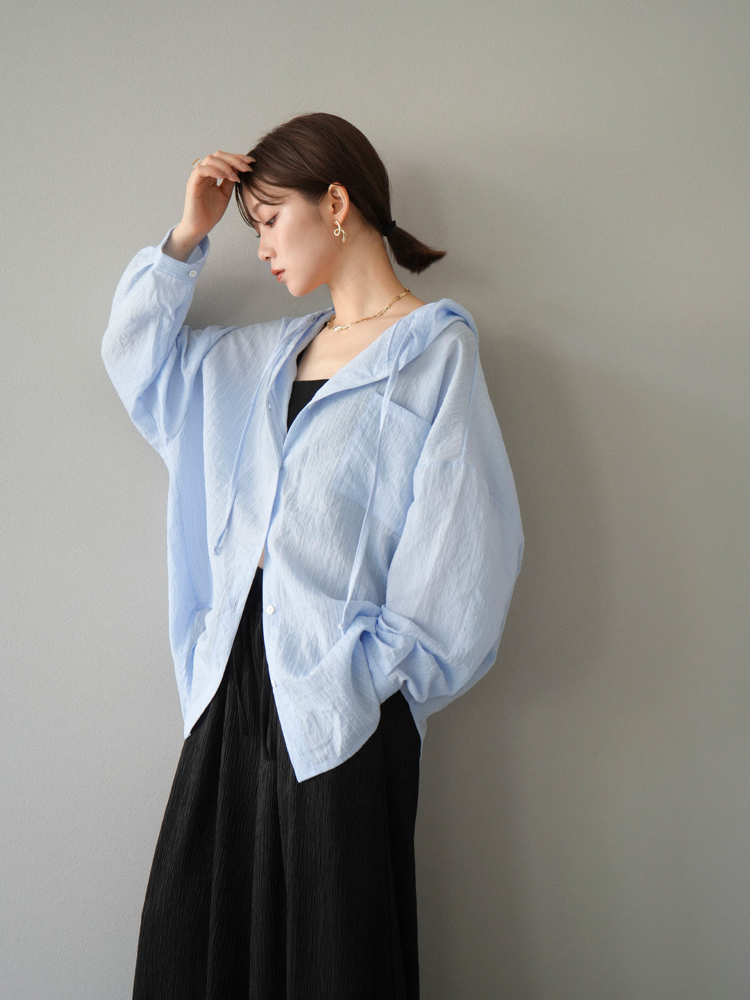 [予約]ワッシャーストライプフーディーシャツ/ブルー