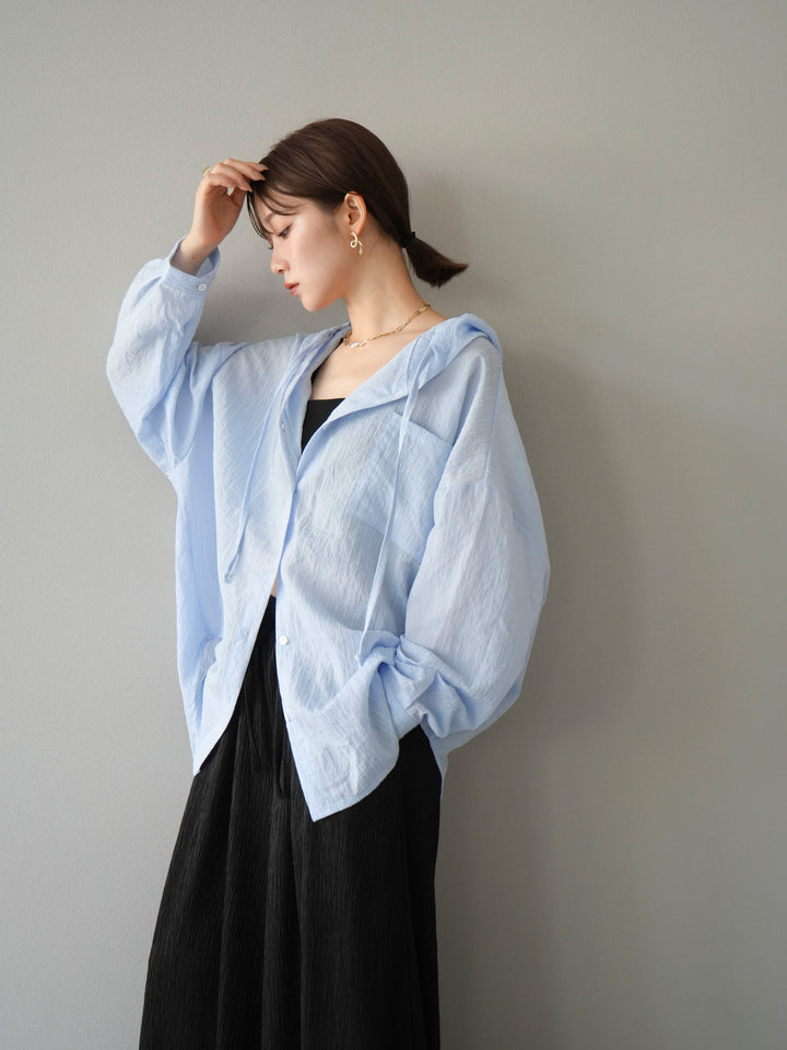[予約]ワッシャーストライプフーディーシャツ/ブルー