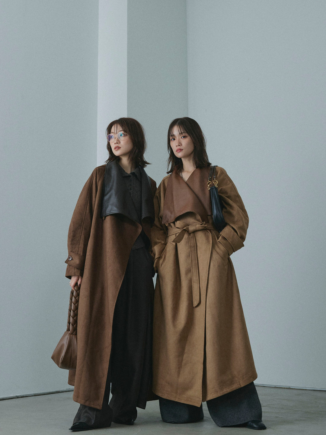 【Allure】[SET]ニットベアトップ＆ワイドパンツSET UP+レザーカラースウェードロングコート(2set)