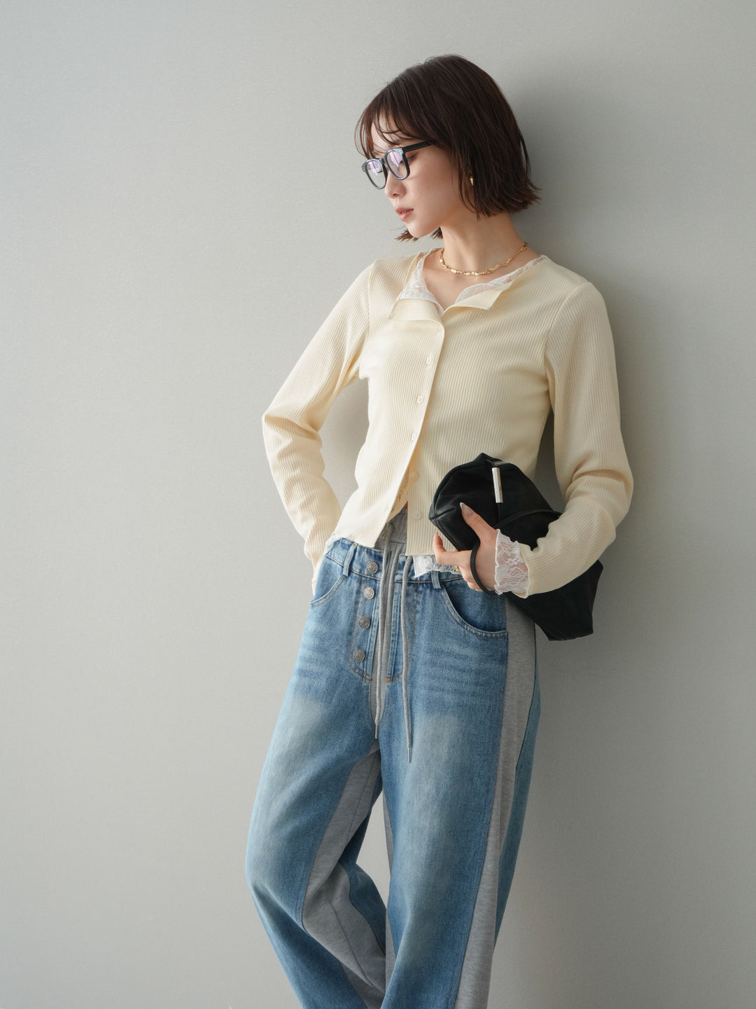 [SET]レースドッキングテレコリブカーディガン+選べるアクセセット(2set)