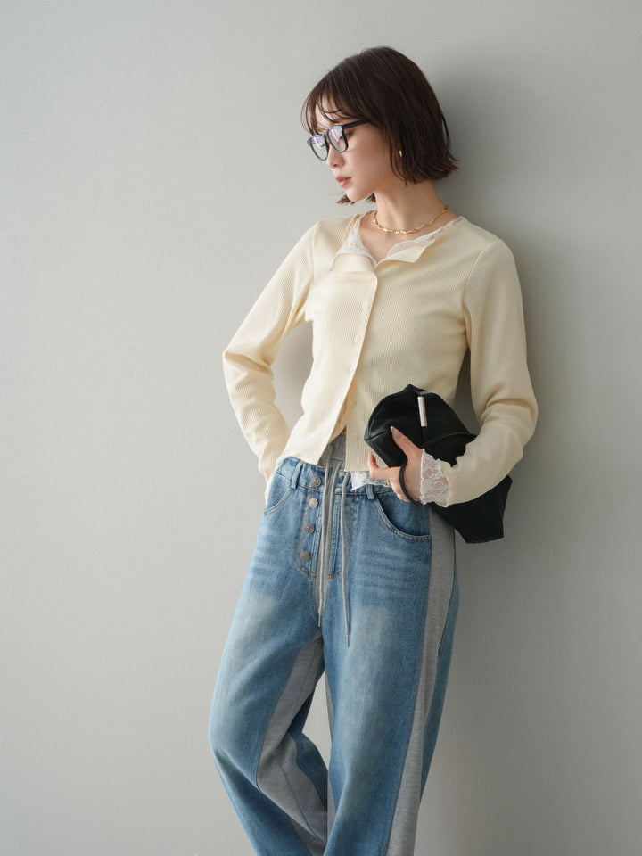 [SET]レースドッキングテレコリブカーディガン+選べるアクセセット(2set)