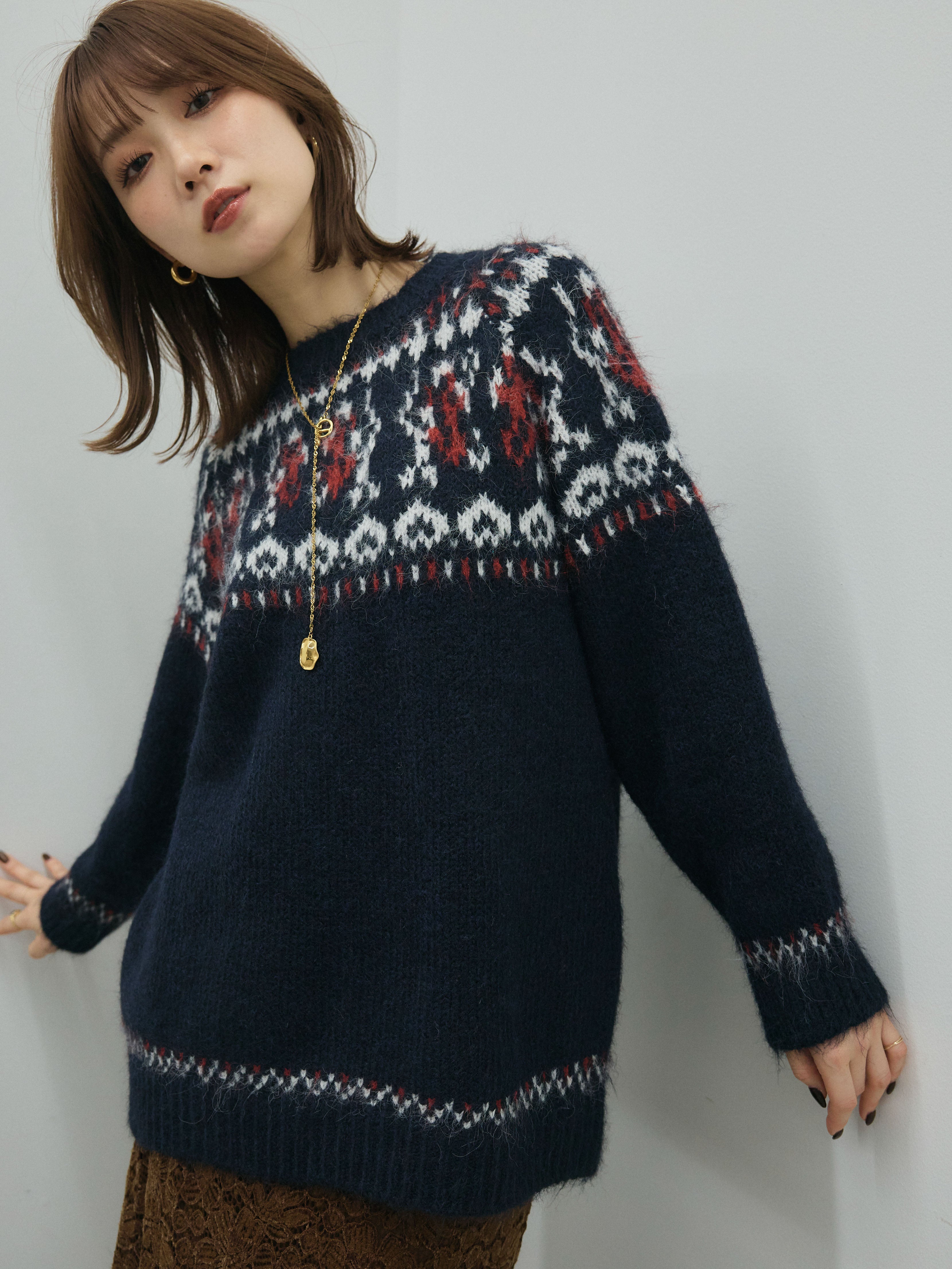 予約]ノルディック柄モックネックオーバニットプルオーバー/navy – Lumier