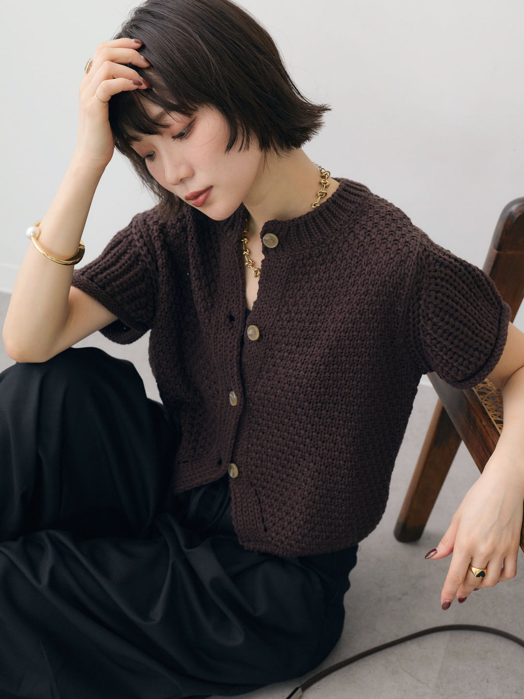[予約]ローゲージハーフニットカーディガン/brown