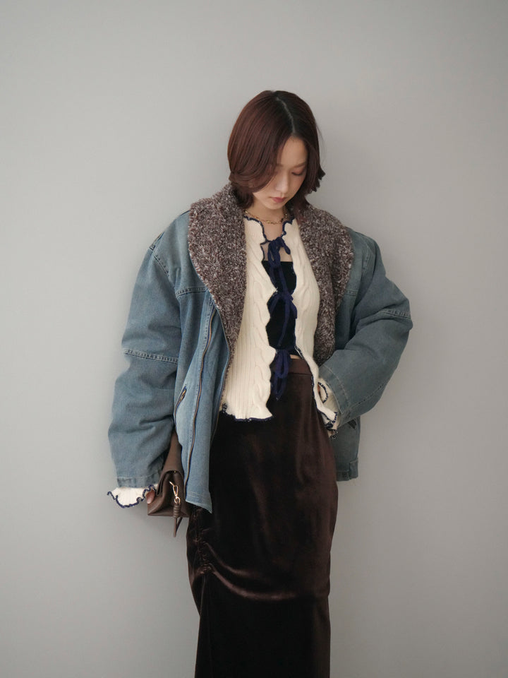 [SET]ミックスボアデニムジャケット+フロントリボン配色メローニットカーディガン(2set)