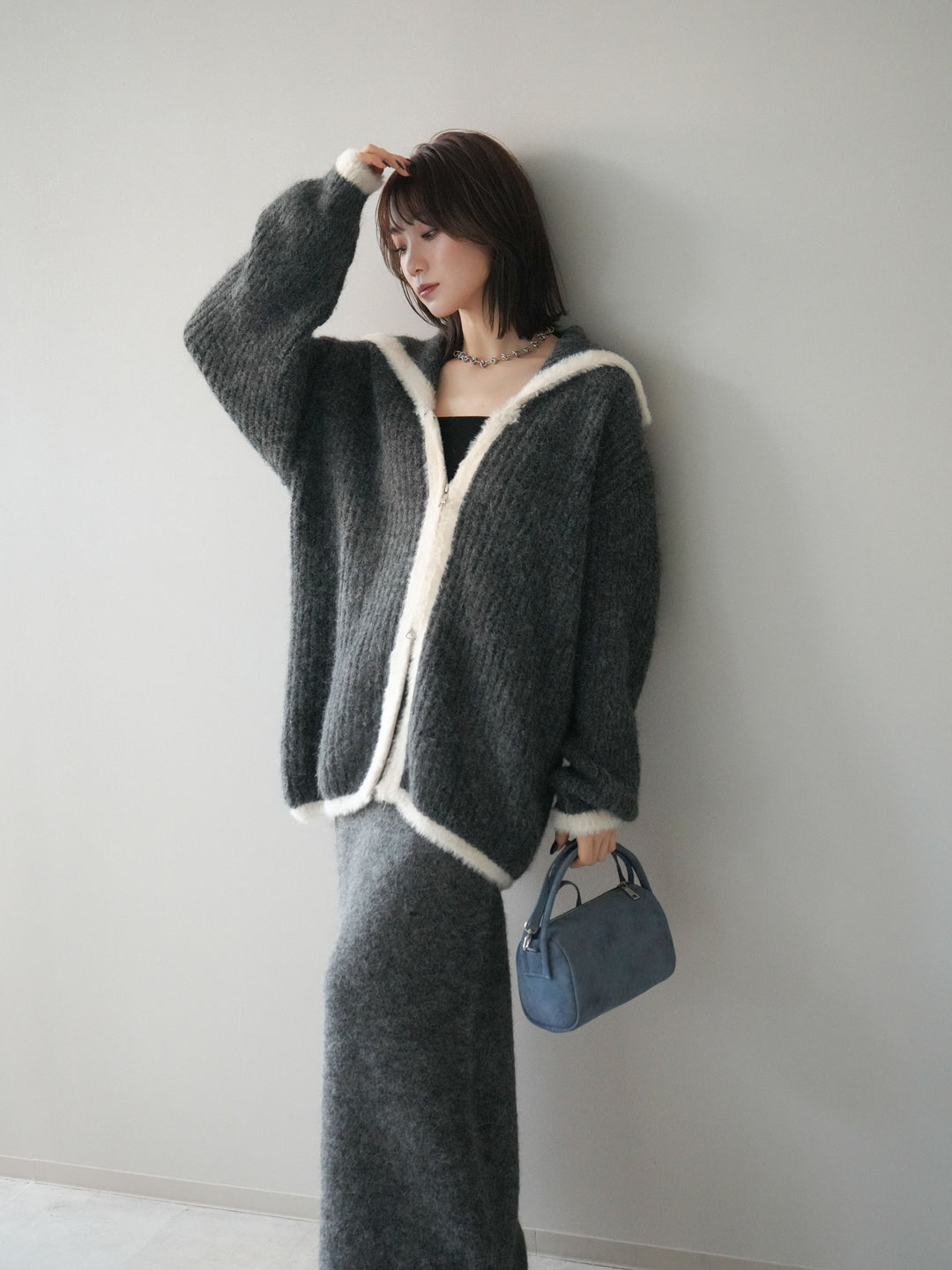 [SET]襟付き配色シャギーニット＆ロングスカートSET UP(2set)