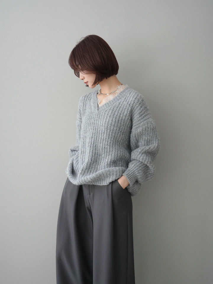 [予約]Vネックレースニットプルオーバー/gray