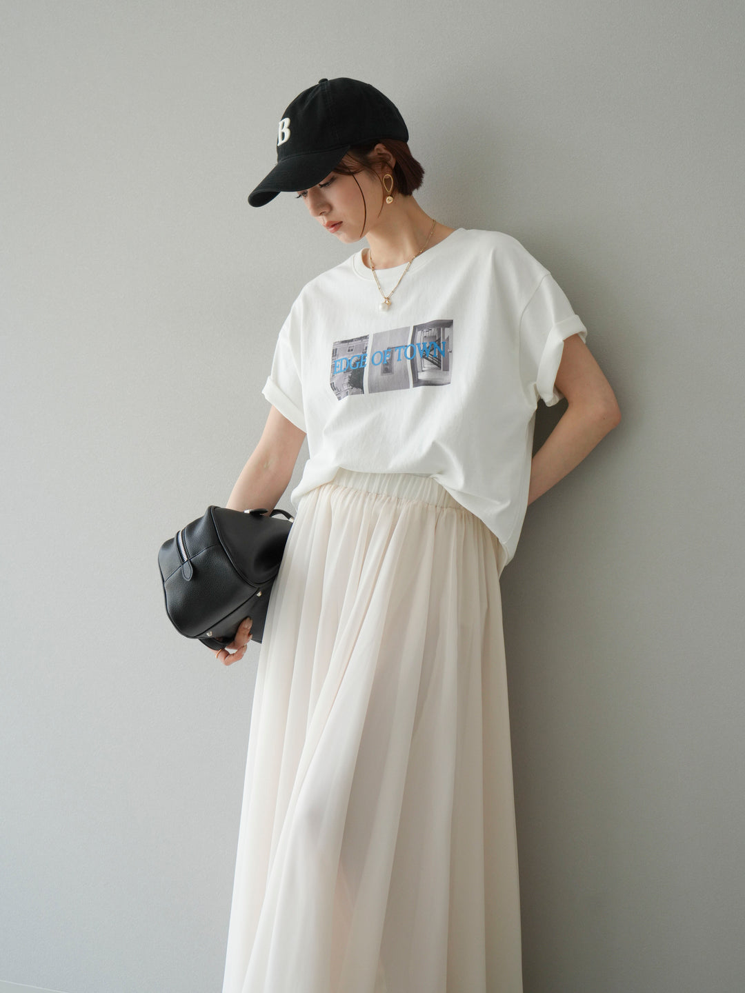 [SET]ネオンロゴコラージュフォトプリントオーバーTシャツ+シフォンフレアスカート(2set)