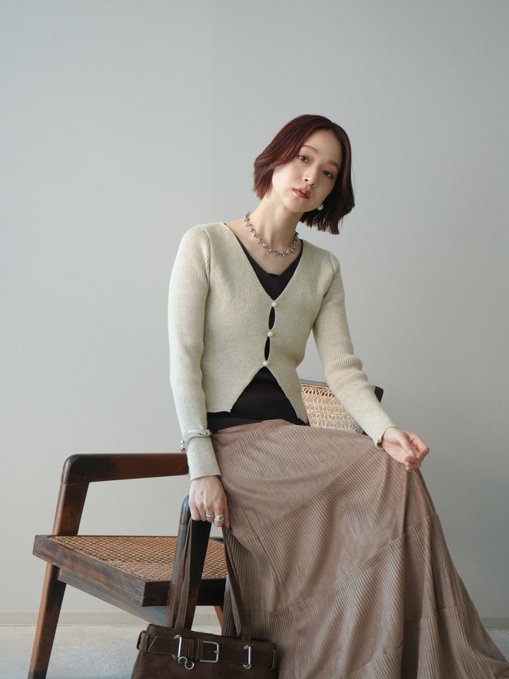[SET]Vネック配色レイヤードスリットニットトップス+型押しスエードティアードプリーツスカート(2set)