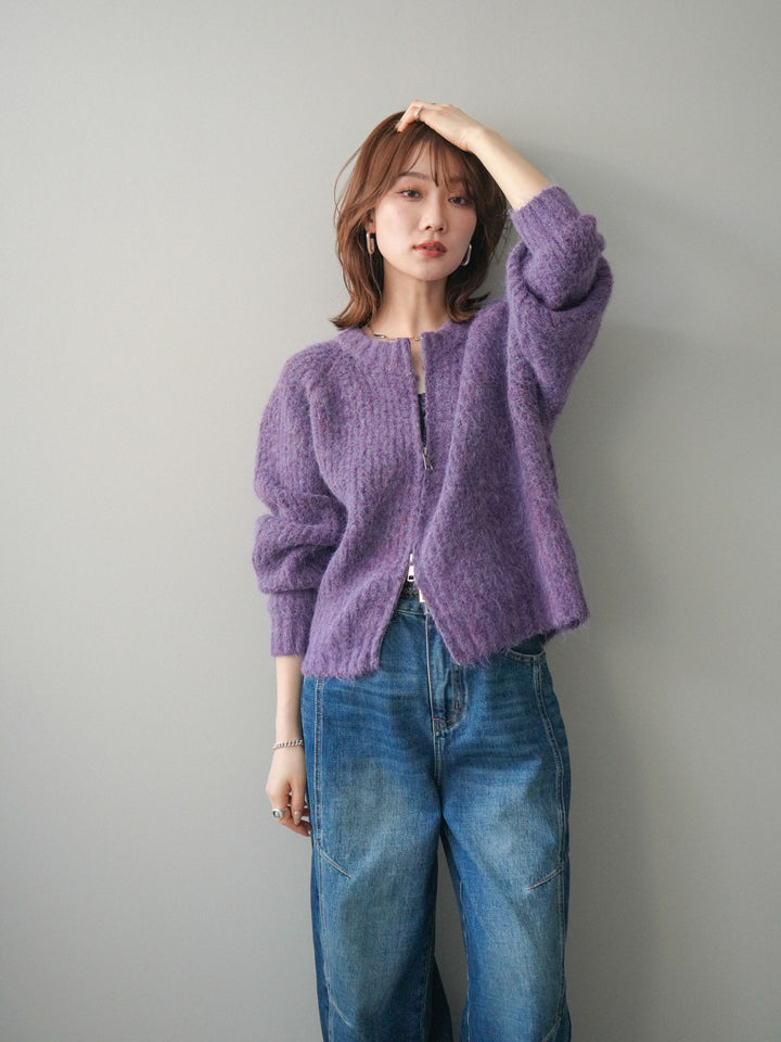 [予約]MIXヤーンモヘアタッチZIPニットカーディガン/purple