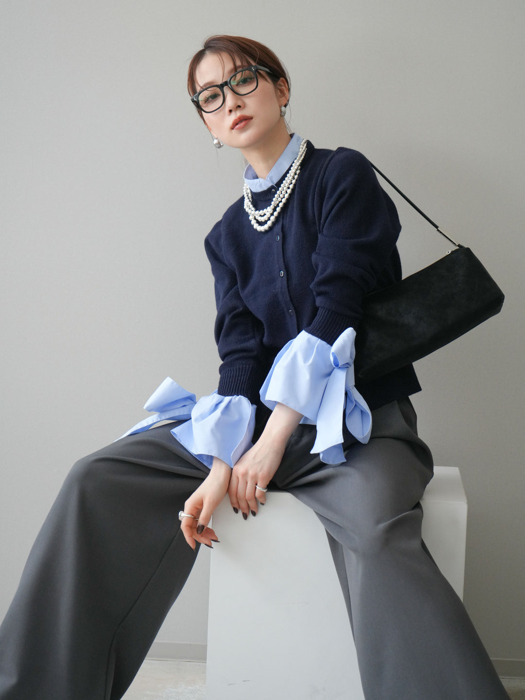 [予約]ウールライクリボンシャツカーディガン/navy