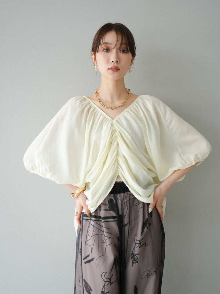 [SET]ボリュームスリーブシアータックブラウス+コード刺繍チュールレイヤードパンツ(2set)