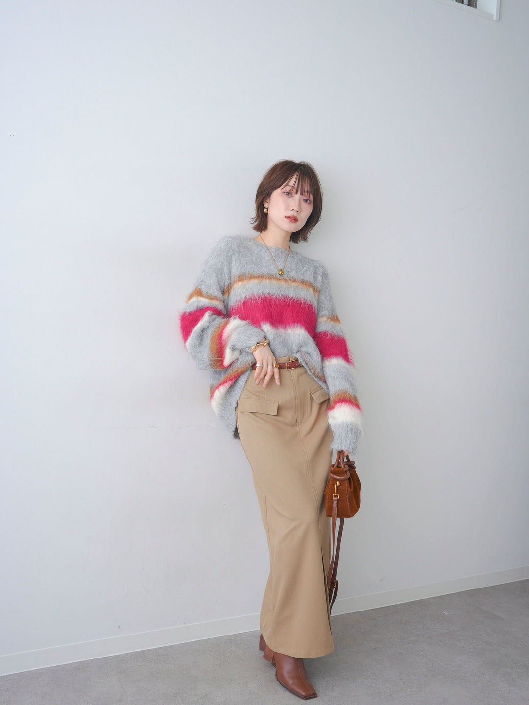 [SET]カラフルボーダーシャギーニットプルオーバー+クレープデシンフラップ付きストレートスカート(2set)