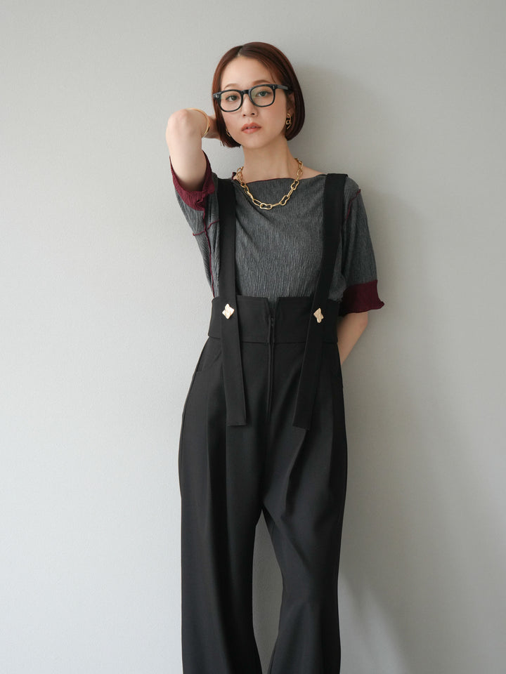 [SET]プリーツ配色ボートネックプルオーバー+ゴールドボタンサスペンダーワイドパンツ(2set)