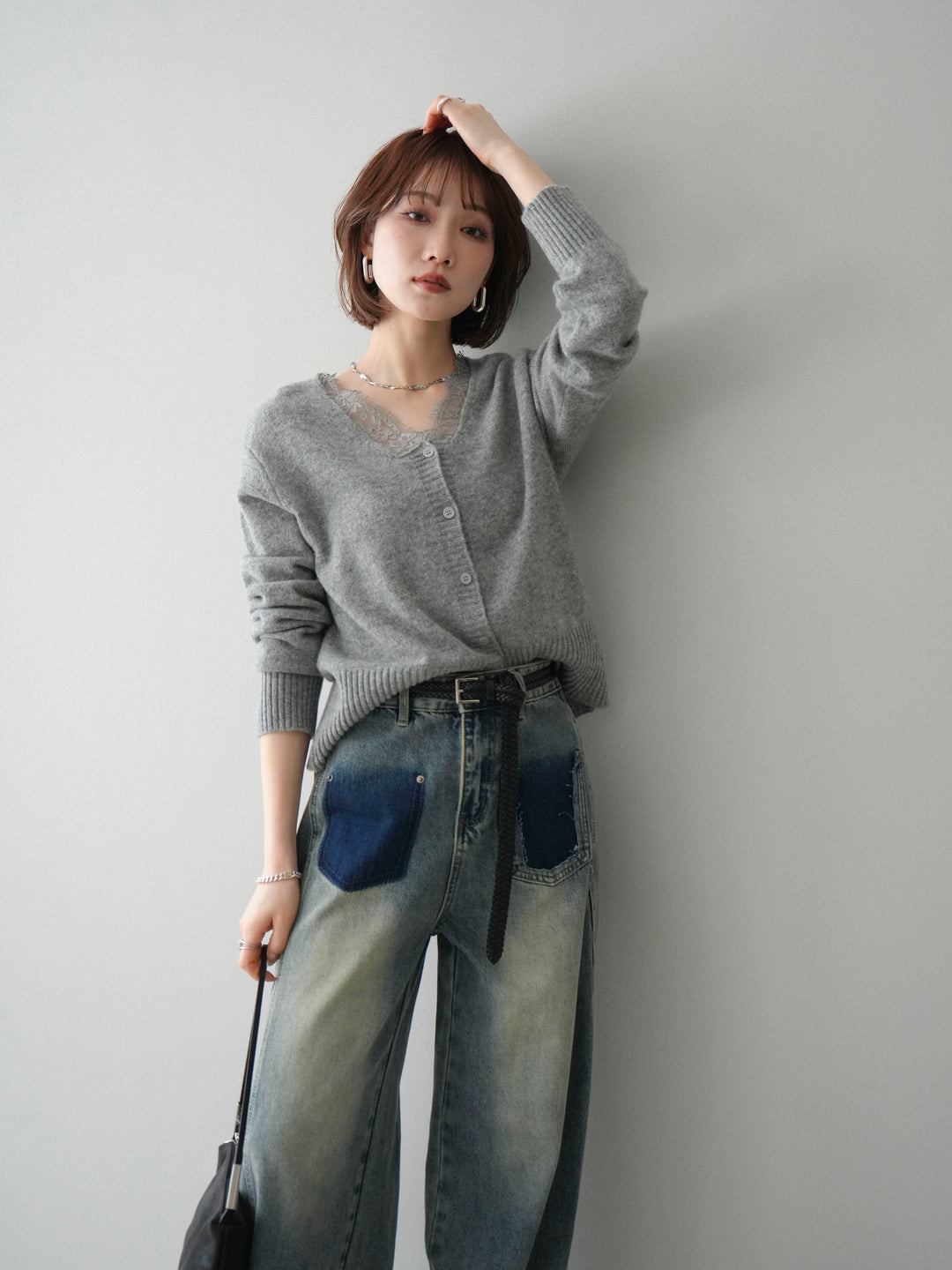 [SET]レースネックニットカーディガン+染めデザインポケットデニムパンツ(2set)