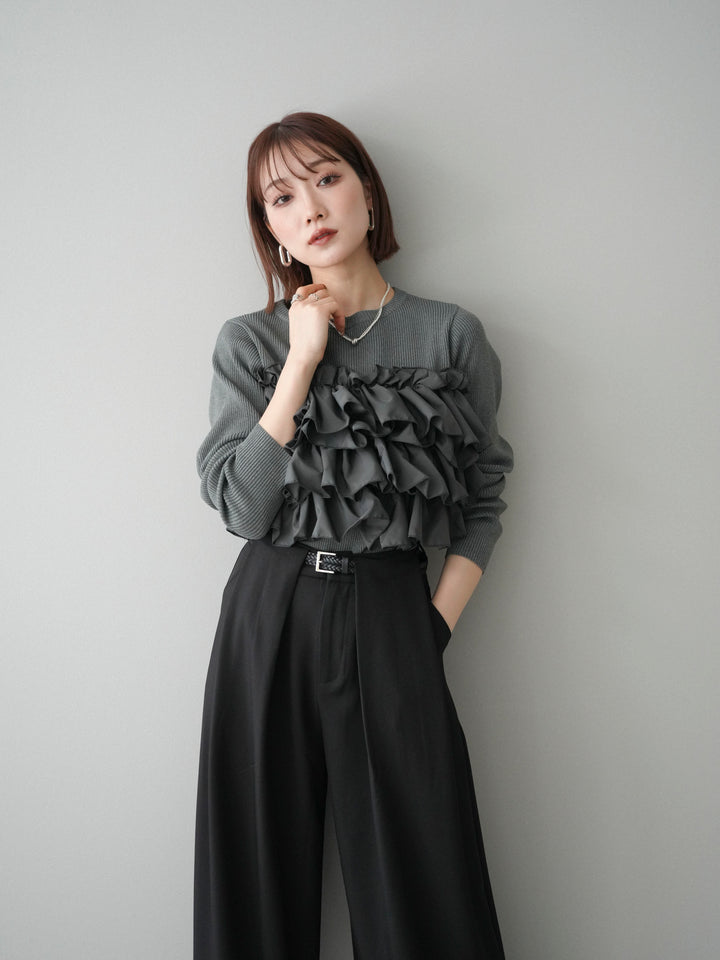 [予約]フリルビスチェドッキングスポンジニットプルオーバー/gray