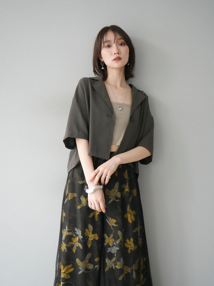 [SET]ハーフショートジャケット+フラワープリントチュールレイヤードパンツ(2set)