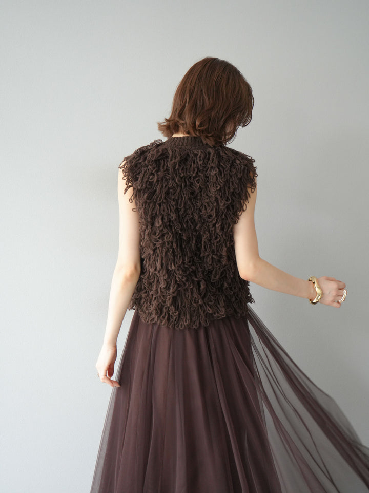 [SET] 前開衩針織背心 + 薄紗蓬鬆裙 (2 件套)