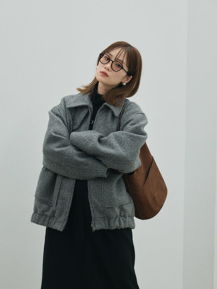 【Allure】[SET]ボトルネックルーズニットワンピース+スタンドカラーシャギーフライトジャケット(2set)