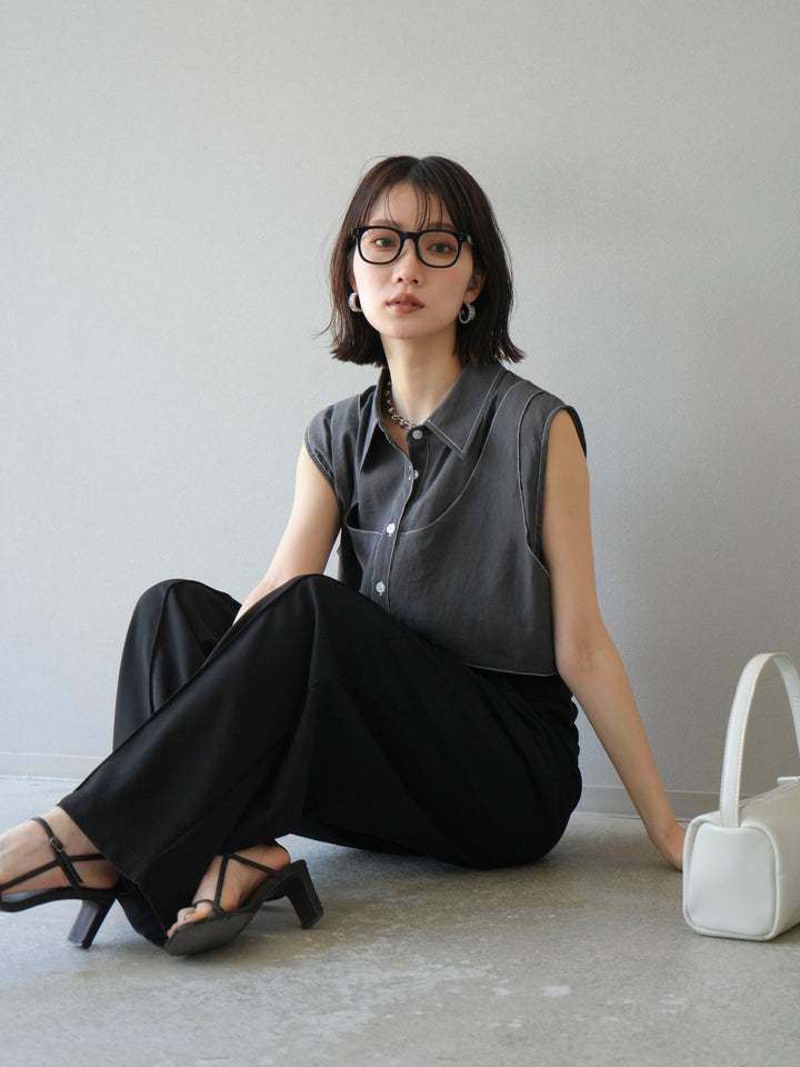 [預訂] 縫合透視多層設計襯衫/炭灰色