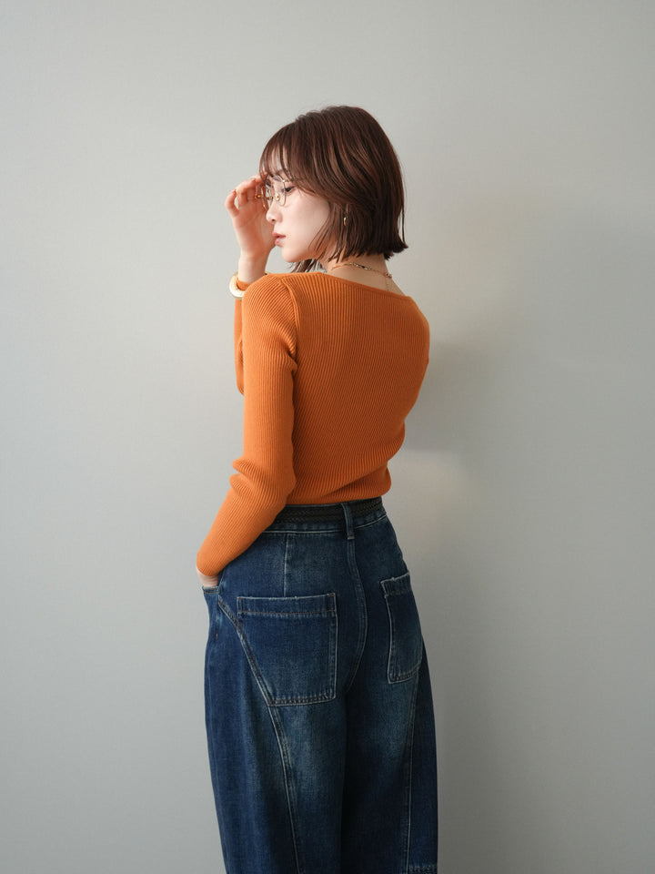 [予約]Vネック配色レイヤードスリットニットトップス/orange