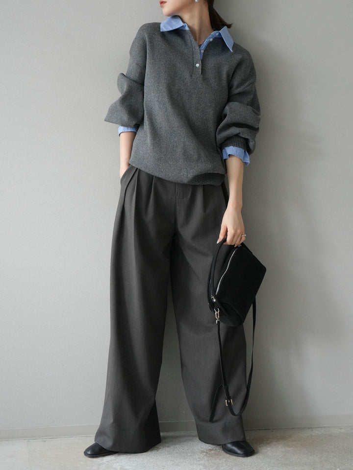 【SET】翻領polo針織套衫+雙褶闊腿褲（2件組）