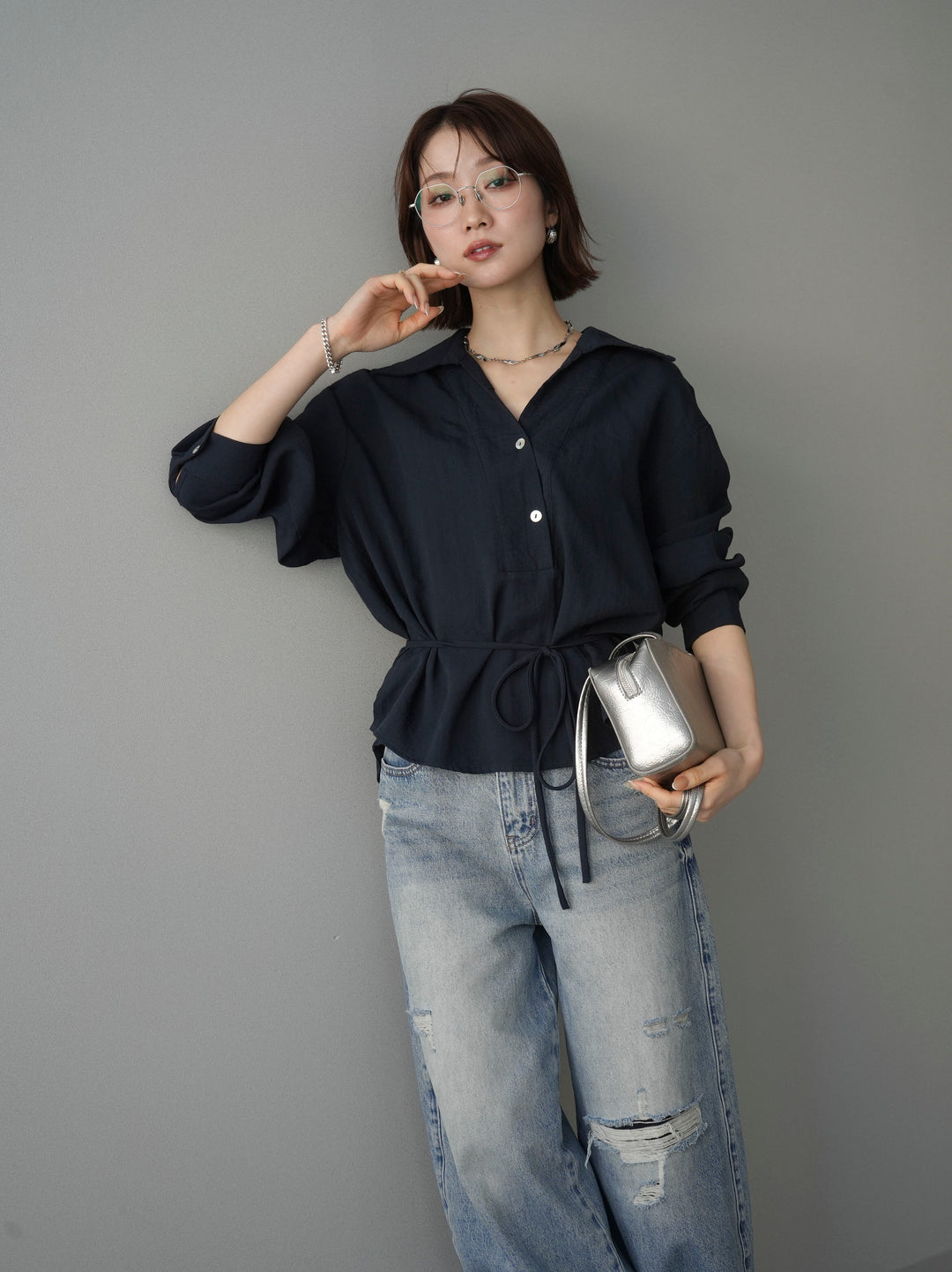 [SET]Vネック変形ラインシャツ+Vネック変形ラインシャツ(2set)