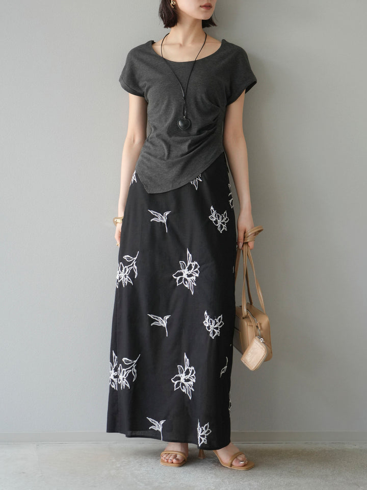 [予約]タックTシャツ＆レザーハートネックレスSET /チャコール