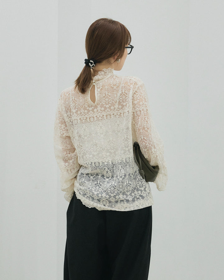 【Allure】[SET]ハイネックレーストップス+モックスカルゼサイドタックコクーンパンツ(2set)