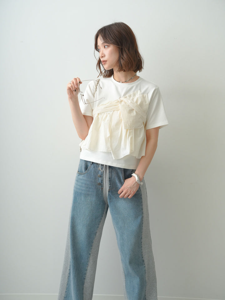 [SET]ナイロンドッキングツイストTEE +デニム切替スウェットパンツ(2set)
