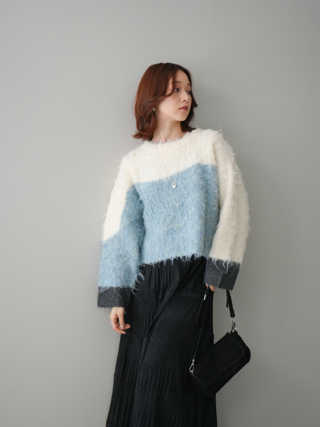 [SET]バイカラーモヘアタッチニットプルオーバー+型押しスエードティアードプリーツスカート(2set)