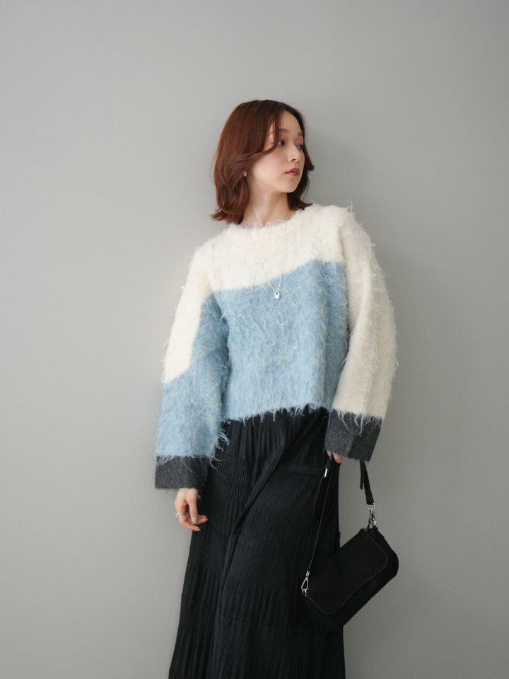 [SET]バイカラーモヘアタッチニットプルオーバー+型押しスエードティアードプリーツスカート(2set)