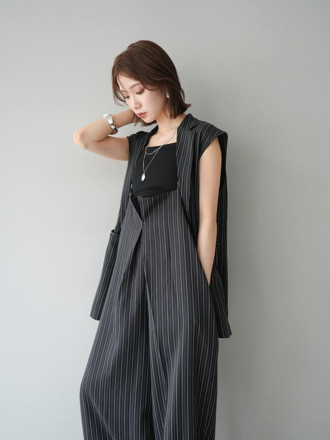 【着回しセット】[SET]ヘリンボーンストライプジレ+シアー切替ベロアトップス+ヘリンボーンストライプサロペット(3set)